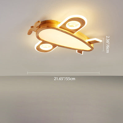 Contemporary Creative Woodgrain Cartoon Animal Bee Aircraft Acrylic LED Kids Flush Mount Ceiling Light For Living Room