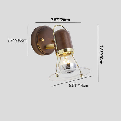 Traditional Vintage Walnut Iron Acrylic Cylinder Round Disk 1-Light Wall Sconce Lamp For Bedside