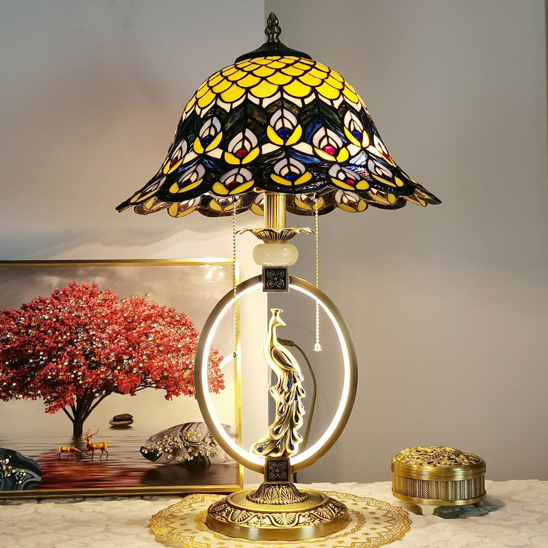 Traditional Tiffany Copper Glass Dome Round Peacock Cockatoo 1-Light Table Lamp For Bedroom