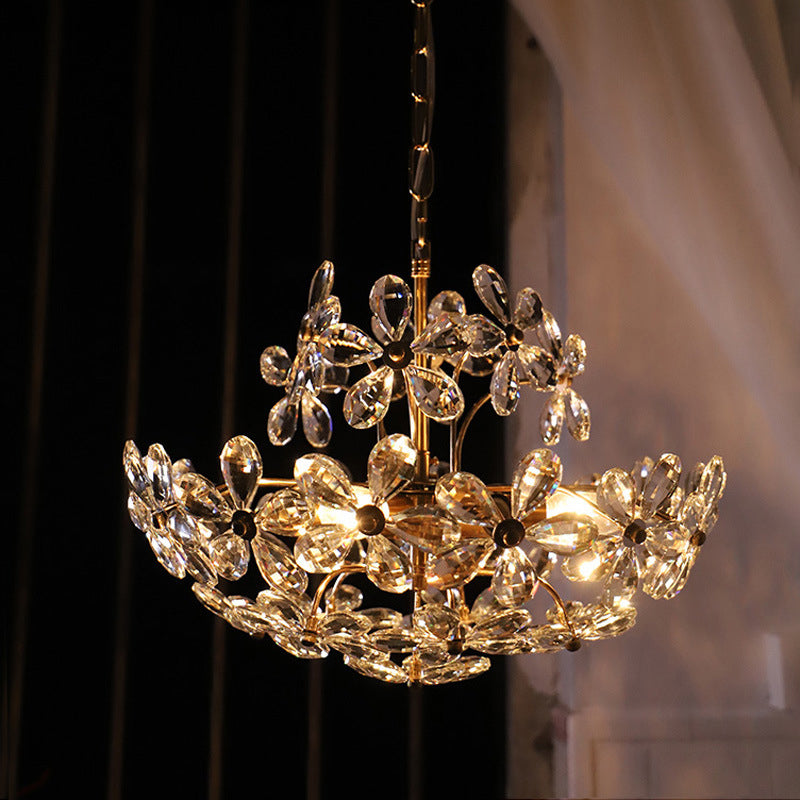 Traditional French Copper Iron Crystal Flower Hemispheric 6/8 Light Chandeliers For Bedroom