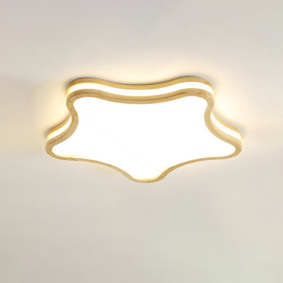 Contemporary Nordic Kids Rubber Wood Glass Star Cloud Moon LED Flush Mount Ceiling Light For Bedroom