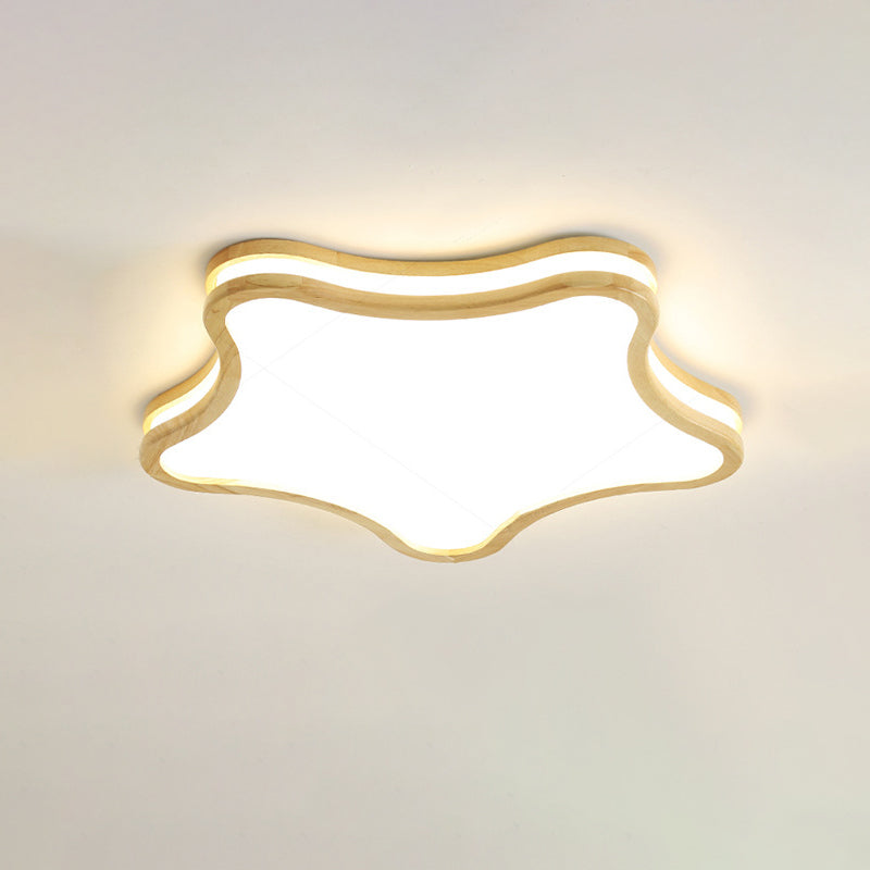 Contemporary Nordic Kids Rubber Wood Glass Star Cloud Moon LED Flush Mount Ceiling Light For Bedroom