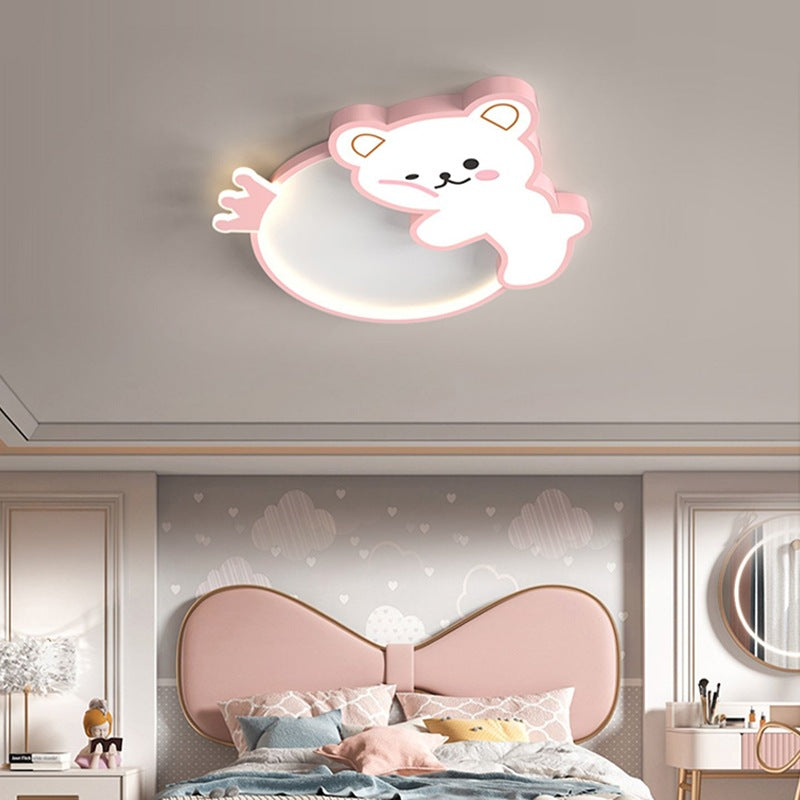 Contemporary Creative Cartoon Bear Iron Acrylic LED Flush Mount Ceiling Light For Bedroom