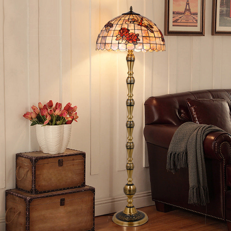 Traditional Tiffany Brass Shell Dome Rose Dragonfly 3-Light Standing Floor Lamp For Living Room