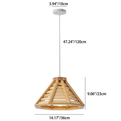 Traditional Japanese Iron Wood Conic Pyramid 1-Light Pendant Light For Dining Room