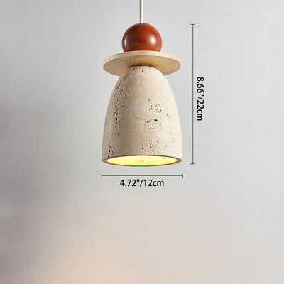 Traditional Japanese Semicircle Travertine Shade Wood 1-Light Pendant Light For Living Room