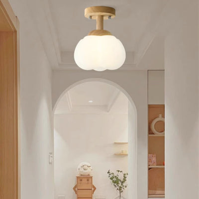 Modern Simplicity Rubber Wood PE Pumpkin Round 1-Light Semi-Flush Mount Ceiling Light For Hallway