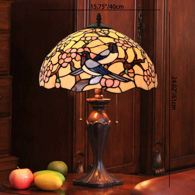 Traditional Tiffany Half Ball Magpie Plum Flower Iron Glass 2-Light Table Lamp For Bedroom