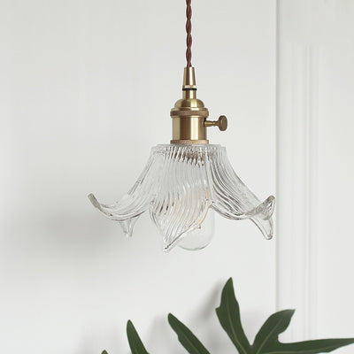 Contemporary Creative Floral Brass Glass 1-Light Pendant Light For Living Room