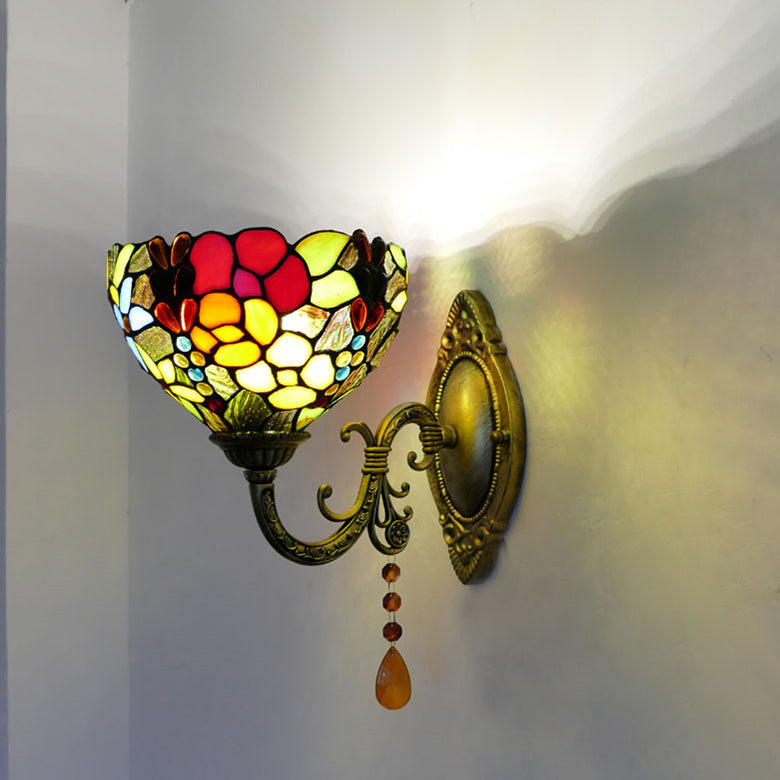 Traditional Tiffany Cup Rose Sunflower Dragonfly Iron Stained Glass 1-Light Wall Sconce Lamp For Bedroom