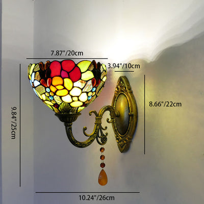 Traditional Tiffany Cup Rose Sunflower Dragonfly Iron Stained Glass 1-Light Wall Sconce Lamp For Bedroom