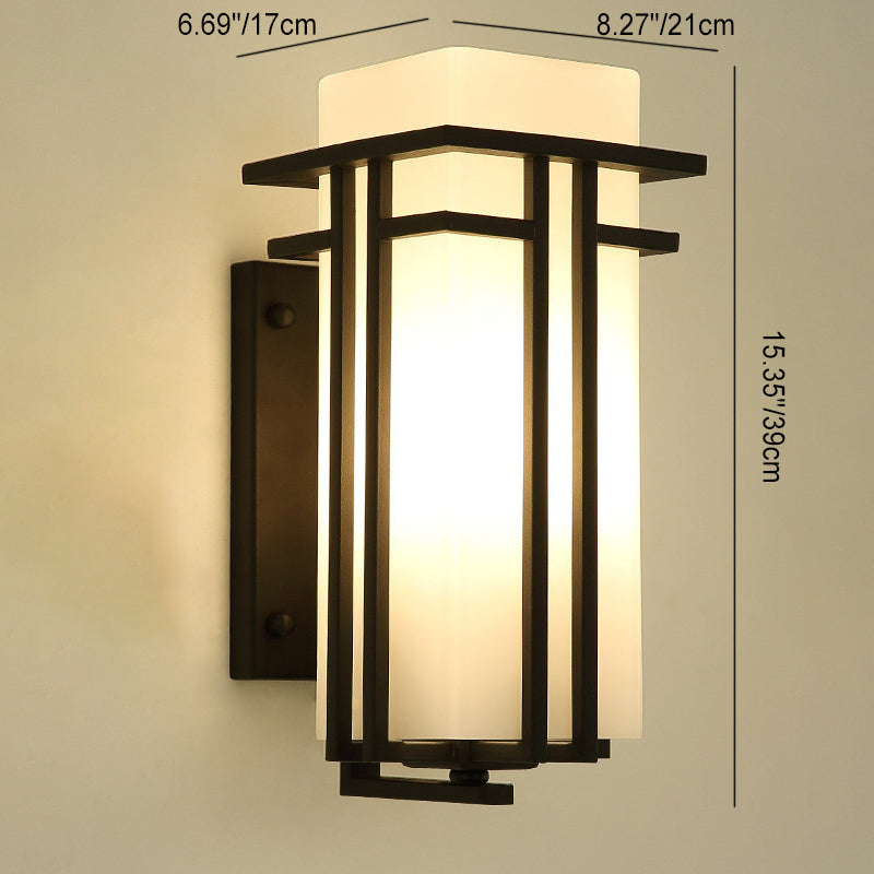 Traditional Chinese Square Iron Glass 1-Light Outdoor Wall Sconce Lamp For Garden