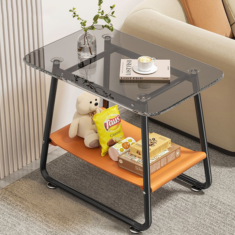 Contemporary Nordic Rectangular Tempered Glass Carbon Steel End Table 2-Tier For Living Room