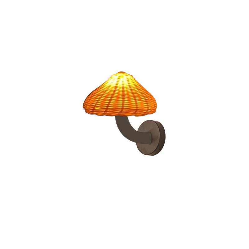 Traditional Japanese Rattan Iron Mushroom Shape 1-Light Wall Sconce Lamp For Bedroom