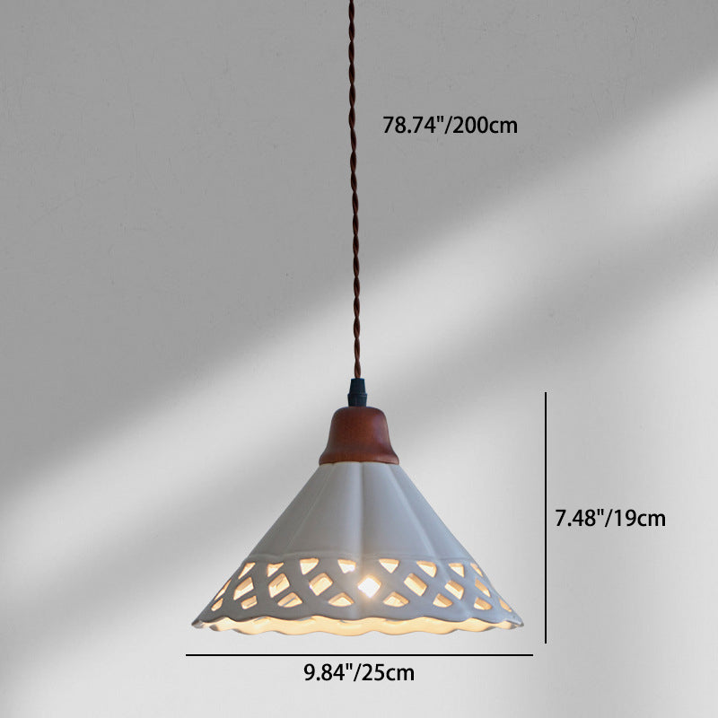 Traditional Chinese Hollow Cone Ceramic Solid Wood 1-Light Pendant Light For Bedroom