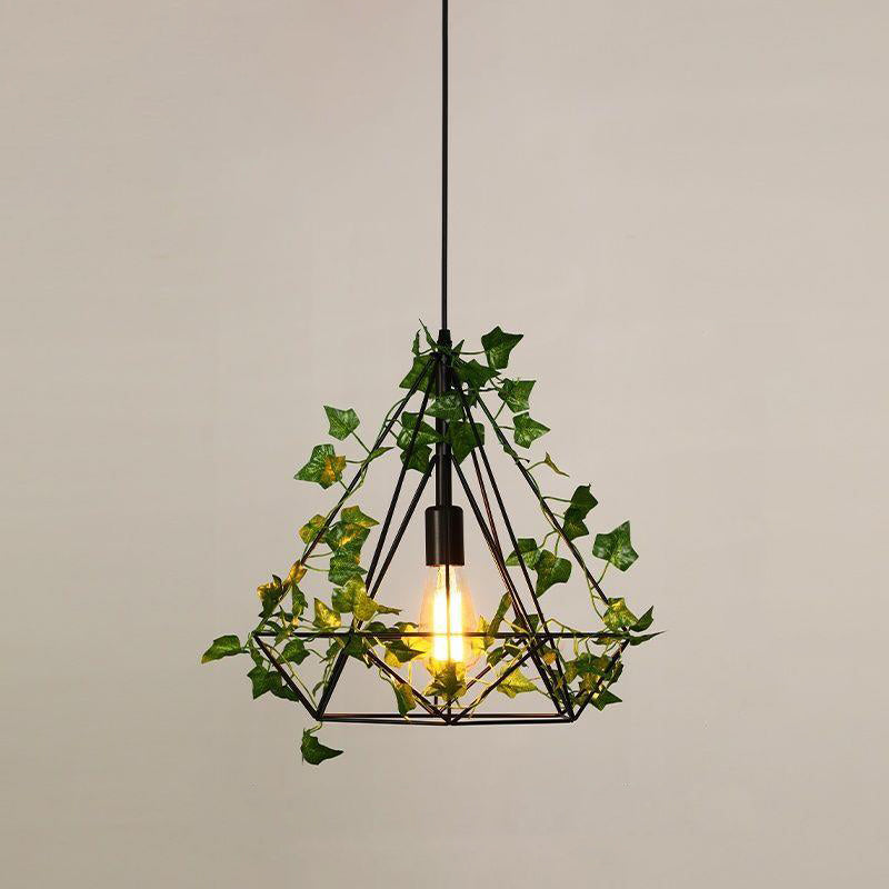 Contemporary Retro Iron Hemp Rope Simulated Greenery Diamond Sakura Leaf 1-Light Pendant Light For Dining Room