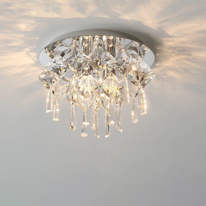 Contemporary Luxury Dazzling Prismatic Crystal Strings Stainless Steel Round Frame 2/6/8-Light Flush Mount Ceiling Light For Living Room