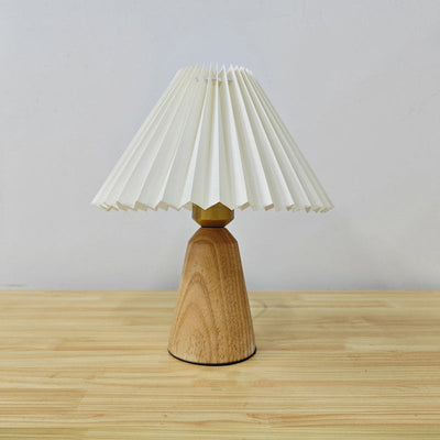 Contemporary Scandinavian Trapezoidal Pleated Fabric Wood 1-Light Table Lamp For Bedroom