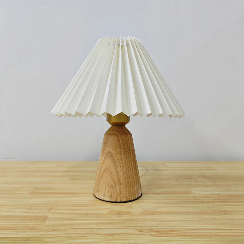 Contemporary Scandinavian Trapezoidal Pleated Fabric Wood 1-Light Table Lamp For Bedroom