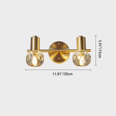 Modern Luxury Cylinder Diamond All Brass Crystal 2/3 Light Vanity Light Wall Sconce Lamp For Bathroom