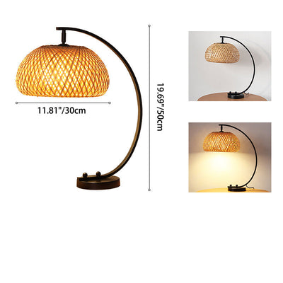 Traditional Chinese Curved Pole Round Mesh Shade Iron Bamboo 1-Light Table Lamp For Bedroom