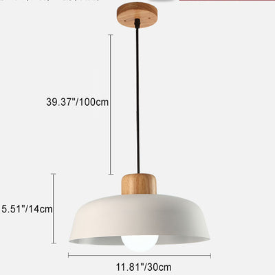 Contemporary Scandinavian Round Bowl Metal Rubber Wood 1-Light Pendant Light For Dining Room