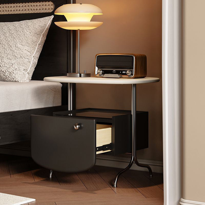 Modern Minimalist Oval Rectangle Faux Panel Glass Stainless Steel Nightstand 1-Drawer For Bedroom