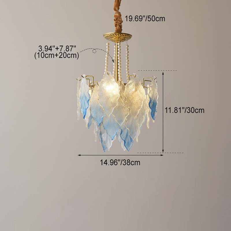 Traditional French Round Tree Leaf Blade Pearl Iron Copper Glass 3/6/9/12 Light Chandelier For Living Room