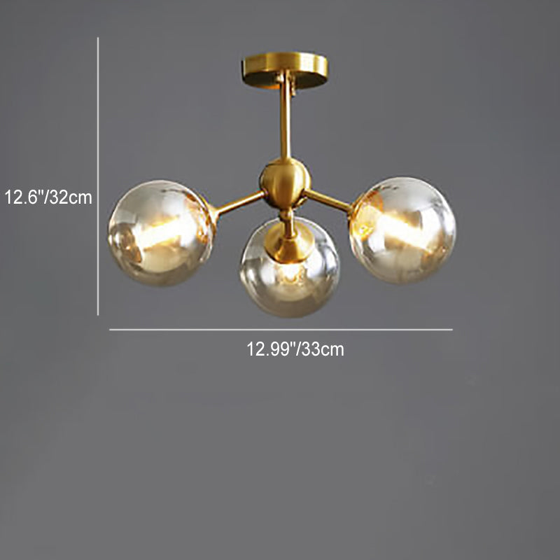 Modern Minimalist Branch Multi Orb All Copper Glass 3/5 Light Semi-Flush Mount Ceiling Light For Living Room