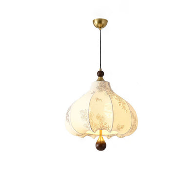 Traditional French Chestnut Print Metal Ash Wood Fabric 3/5 Light Chandeliers For Dining Room