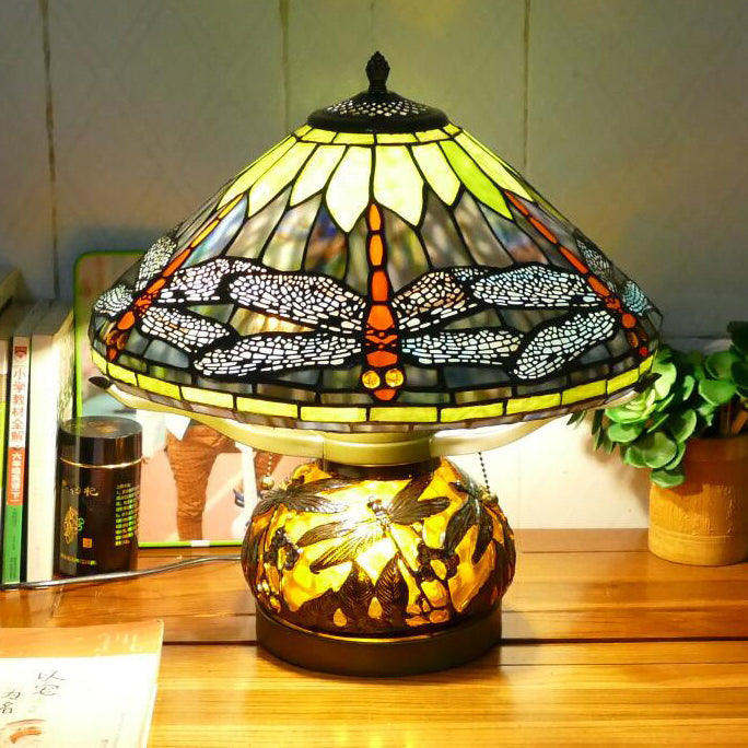 Traditional Tiffany Iron Glass Conic Dragonfly Water Lily 2/3 Light Table Lamp For Study