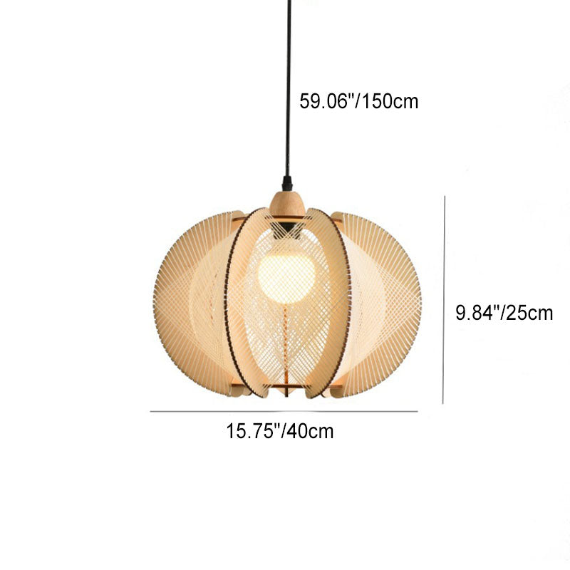 Traditional Japanese Oval Filigree Wood 1-Light Pendant Light For Living Room