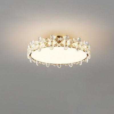 Contemporary Creative Cylindrical Cherry Blossom Copper Glass Crystal LED Semi-Flush Mount Ceiling Light For Living Room