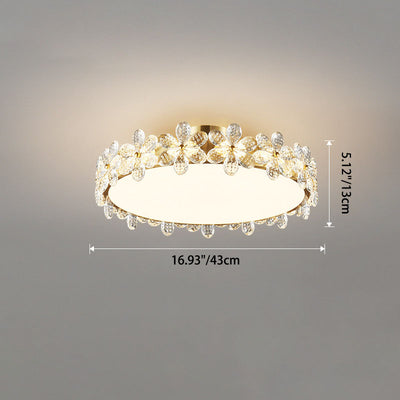 Contemporary Creative Cylindrical Cherry Blossom Copper Glass Crystal LED Semi-Flush Mount Ceiling Light For Living Room