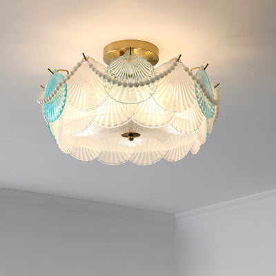 Traditional French Shell Textured Glass Round Shade Pearl Decor 5/8-Light Semi-Flush Mount Ceiling Light For Living Room