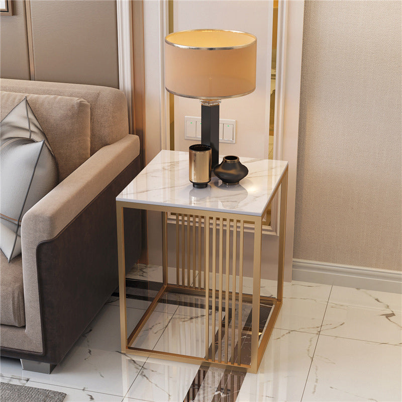 Modern Minimalist Square Rock Slab Metal Side Table For Living Room