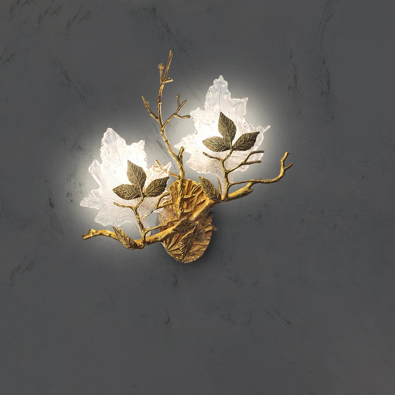 Modern Luxury Copper Colored Glass Maple Leaf Branch 2-Light Wall Sconce Lamp For Living Room