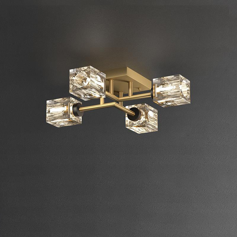 Contemporary Luxury Branch Rectangle Full Copper Crystal 4/6/8 Light Semi-Flush Mount Ceiling Light For Living Room