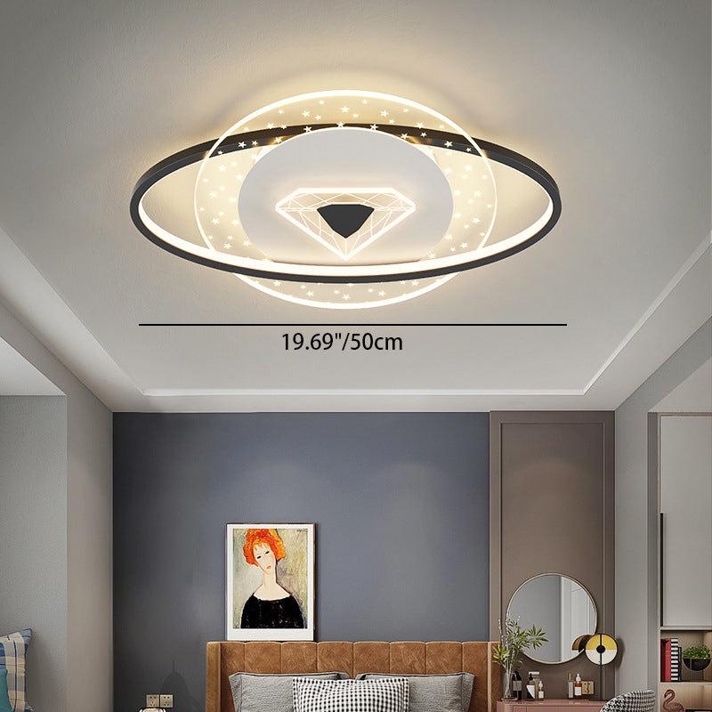 Contemporary Creative Kids Round Circle Diamond Iron Acrylic LED Flush Mount Ceiling Light For Bedroom