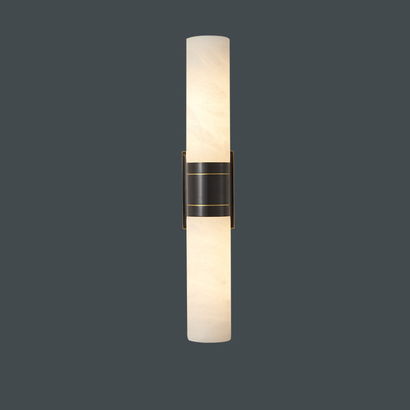 Traditional Chinese Full Copper Marble Cylinder Shade 2-Light Wall Sconce Lamp For Living Room