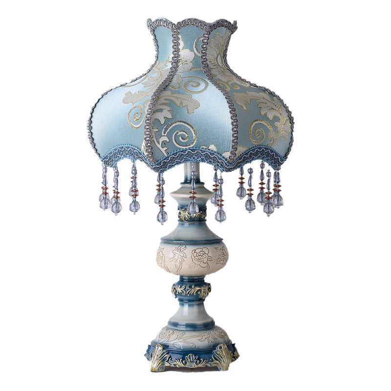 Traditional European Carved Vase Base Fabric Resin 1-Light Table Lamp For Bedroom