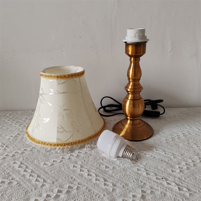 Traditional French Fabric Metal Flower Cylinder Fringe Bead 1-Light Table Lamp For Bedroom