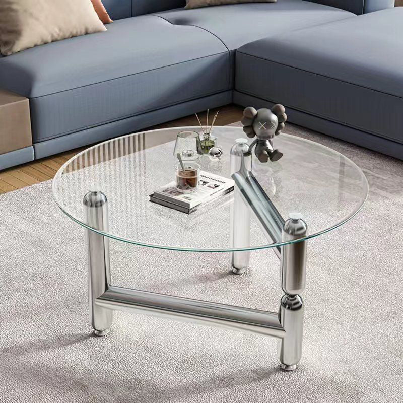 Modern Minimalist Round Cylinder Base Glass Stainless Steel Coffee Table For Living Room