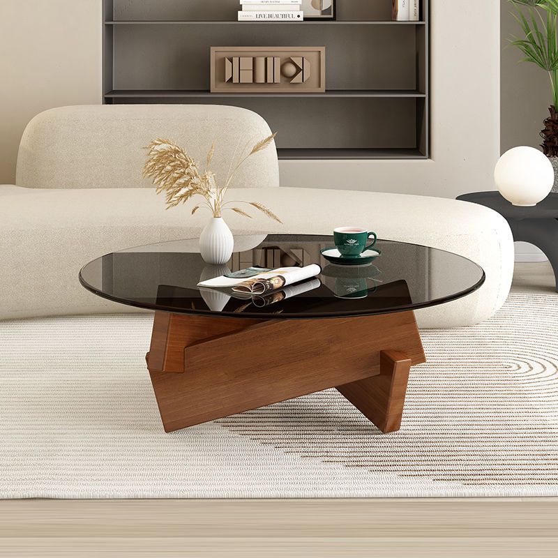 Contemporary Scandinavian Glass Triangular Wooden Base Coffee Table For Living Room