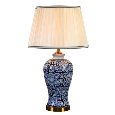 Traditional Chinese Fabric Shade Hand-Painted Celadon Base 1-Light Table Lamp For Living Room