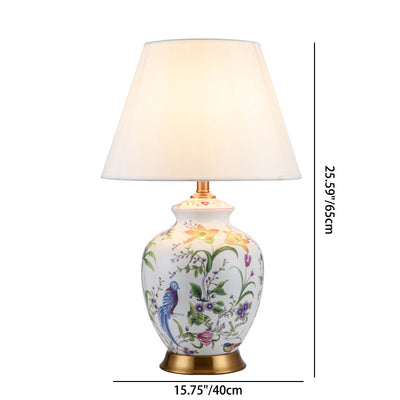 Traditional Chinese Oval Round Table Flower Bird Ceramic Iron Fabric 1-Light Table Lamp For Bedroom