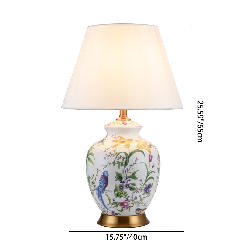 Traditional Chinese Oval Round Table Flower Bird Ceramic Iron Fabric 1-Light Table Lamp For Bedroom