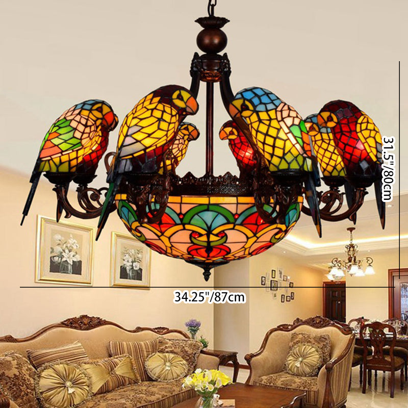 Traditional Tiffany Metal Glass Dome Parrot 11-Light Chandeliers For Living Room