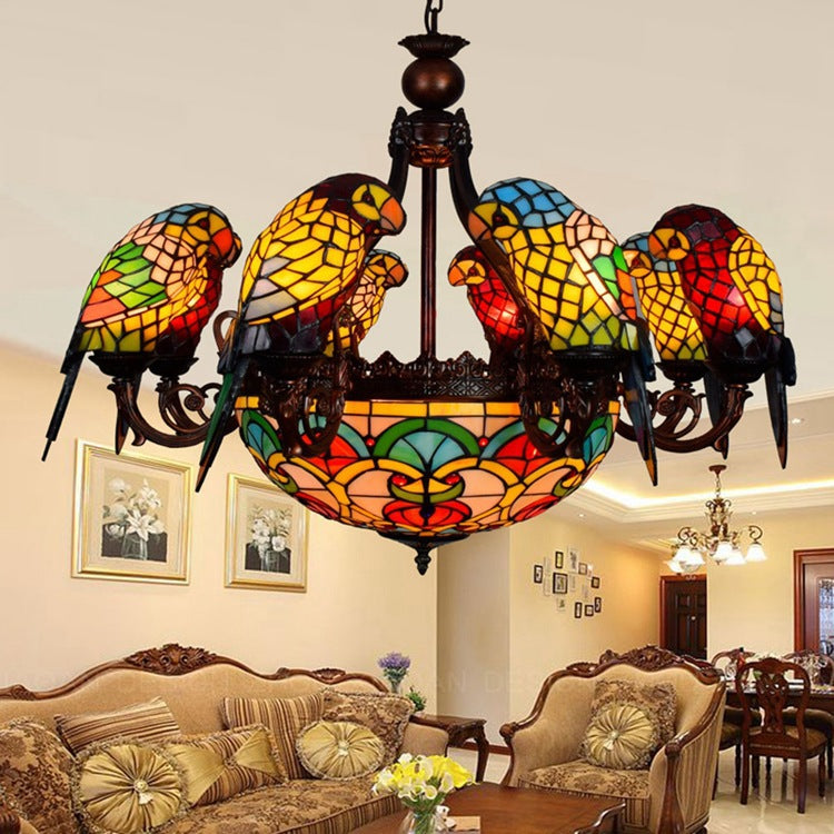 Traditional Tiffany Metal Glass Dome Parrot 11-Light Chandeliers For Living Room