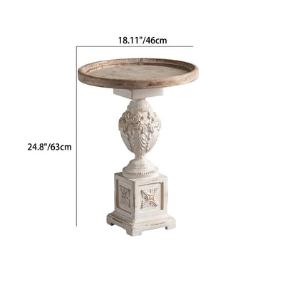 Traditional European Round Wood Roman Column Carving Side Table For Living Room